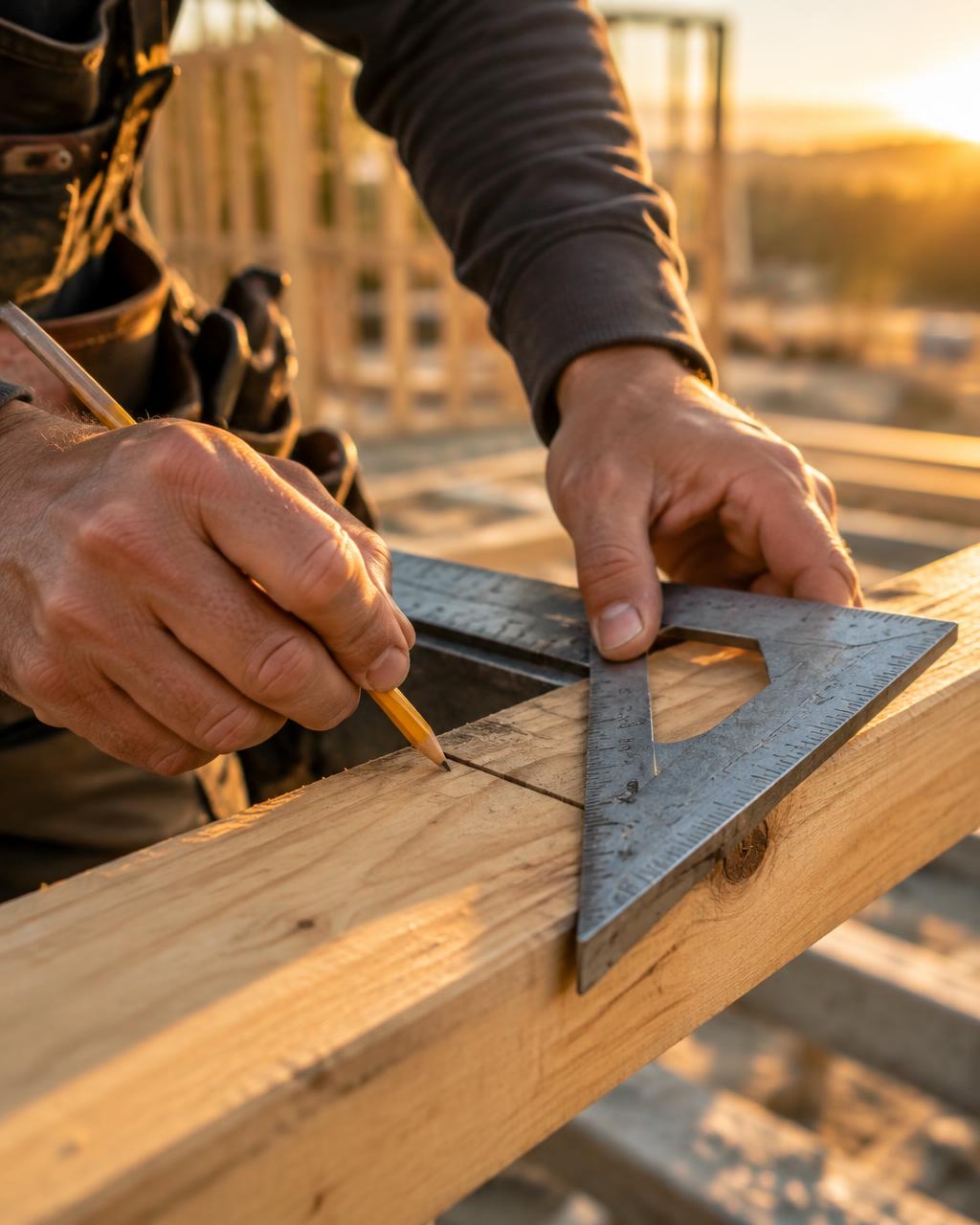 Carpenter marking lumber with a framing square