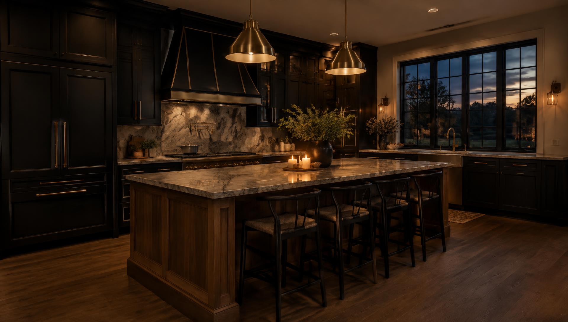 Custom remodeled kitchen with dark cabinetry and brass lighting
